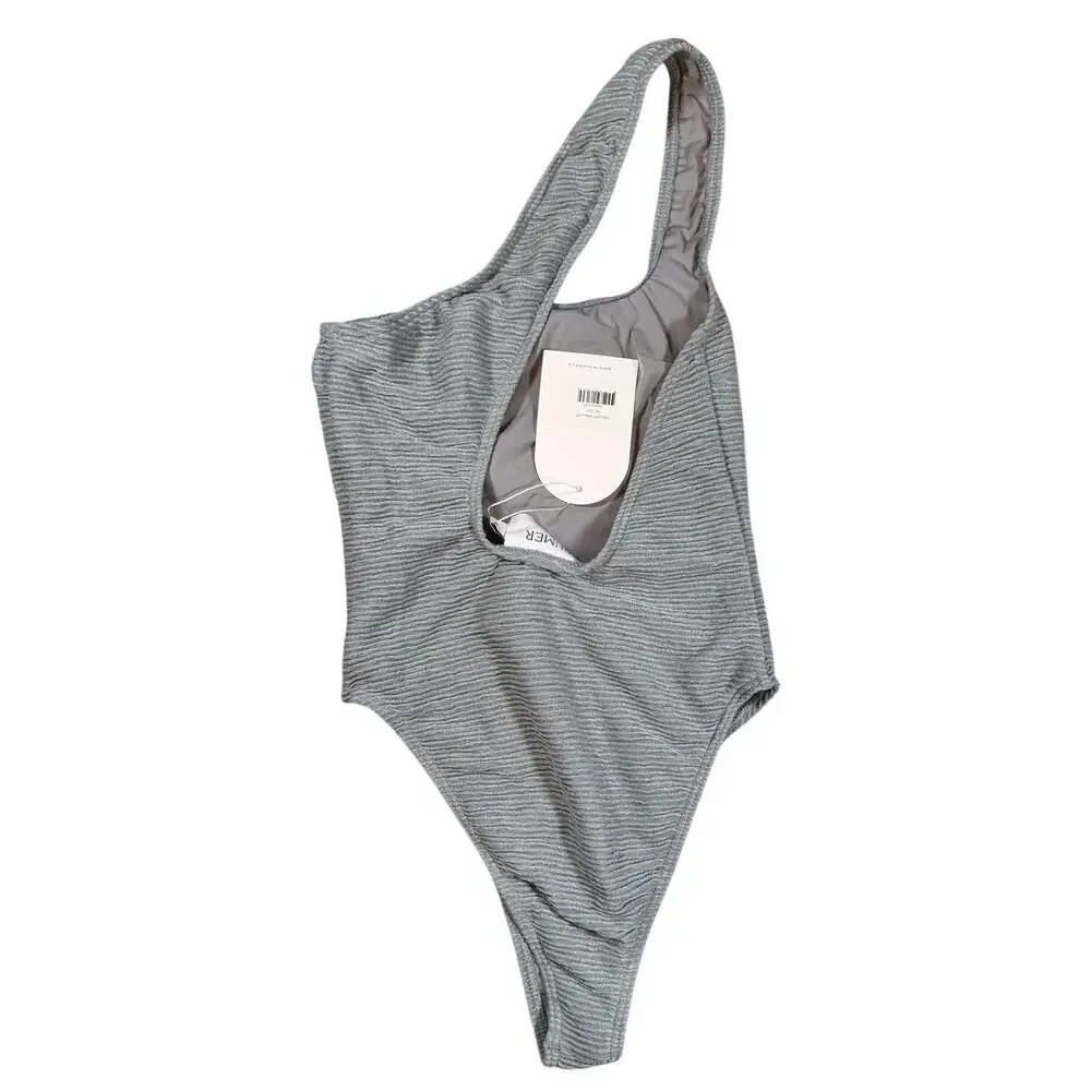 NWT RUMER The Label One Shoulder Swimsuit Gray Shimmery Size Small
